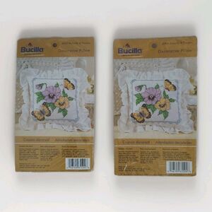 Bucilla 2 Stamped Cross Stitch Kits Butterfly & Flowers Decorative Pillow 12”